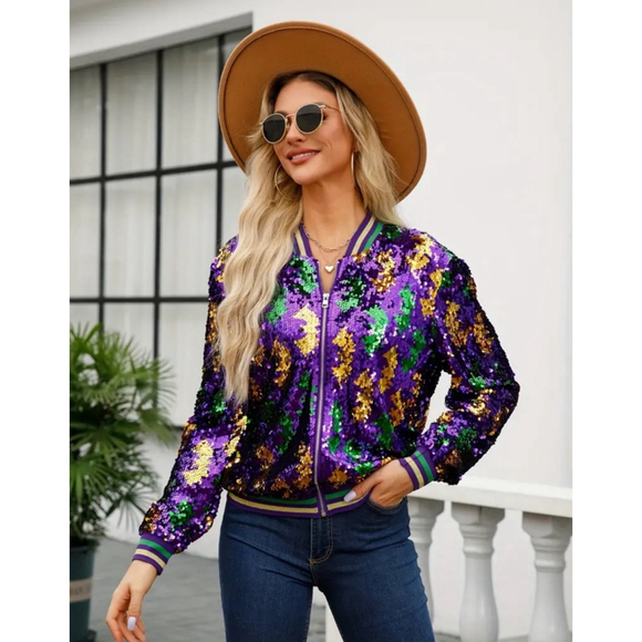 Mardi Gras Purple, Green and Gold Sequins Zip Up Jacket - Picture 2 of 7